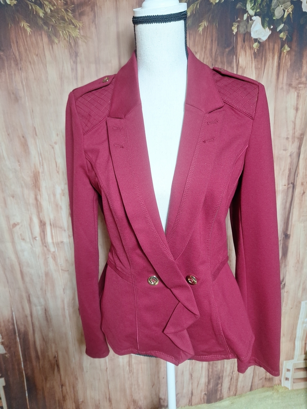 White House Black Market Raspberry Double-Breasted Ruffle-Front Blazer - Picture 2 of 14